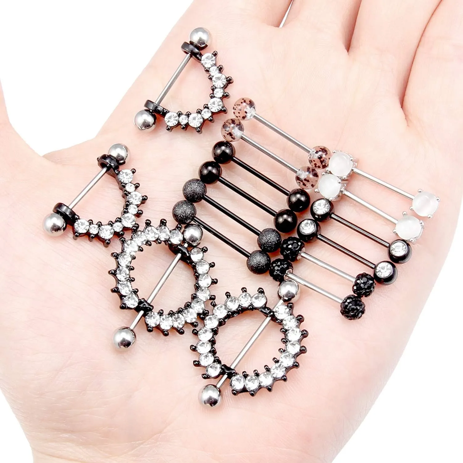 Lcolyoli 16G 14G Cat's Eye Stone Nipple Rings Surgical Steel Dangle Nipplerings Tongue Ring CZ Straight Barbell Piercing Body Jewelry for Women Men 8 Pairs