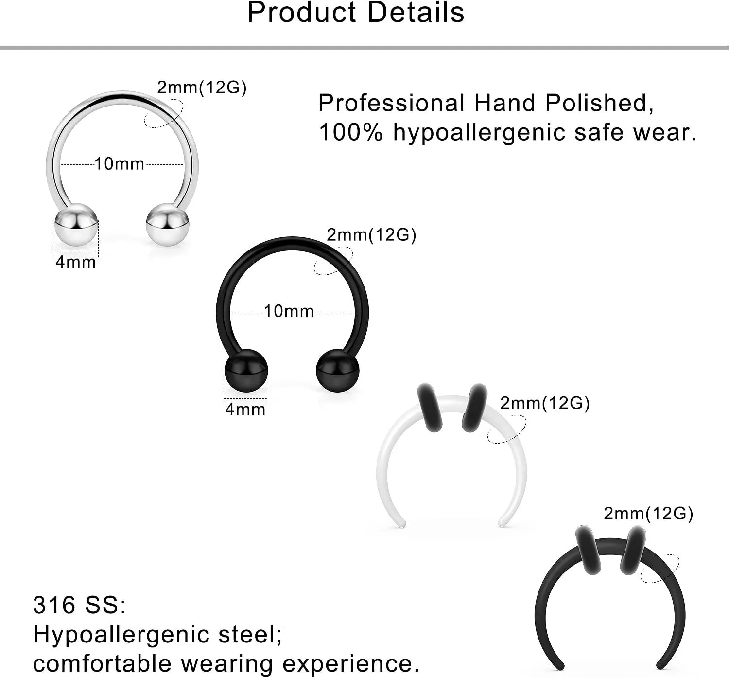 Lcolyoli Large Septum Rings 14G 12G 8G 6G 4G PA Ring Internally Threaded Ball Horseshoe Barbell Stainless Steel & Acrylic Plastic Pincher Tapers C Shape Buffalo Stretcher Expander for Women Men