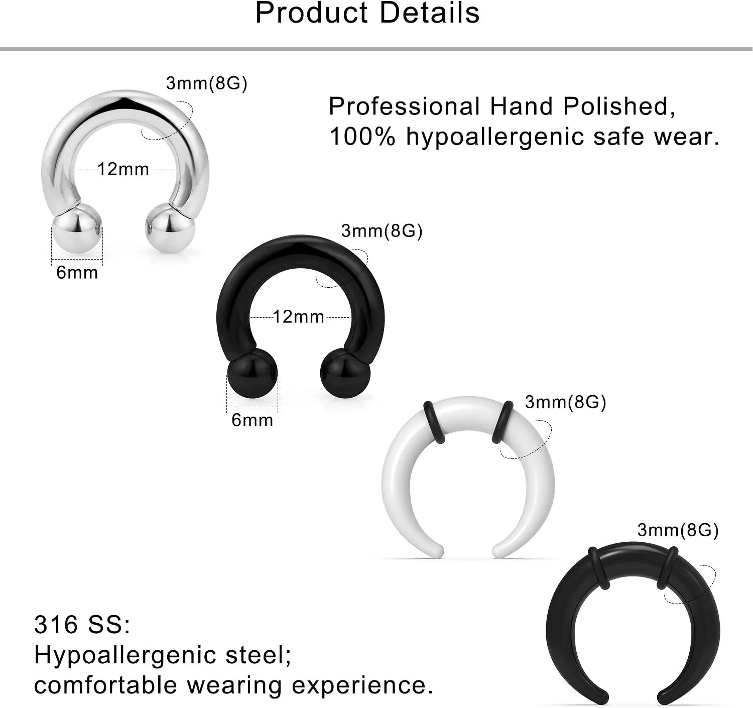 Lcolyoli Large Septum Rings 14G 12G 8G 6G 4G PA Ring Internally Threaded Ball Horseshoe Barbell Stainless Steel & Acrylic Plastic Pincher Tapers C Shape Buffalo Stretcher Expander for Women Men