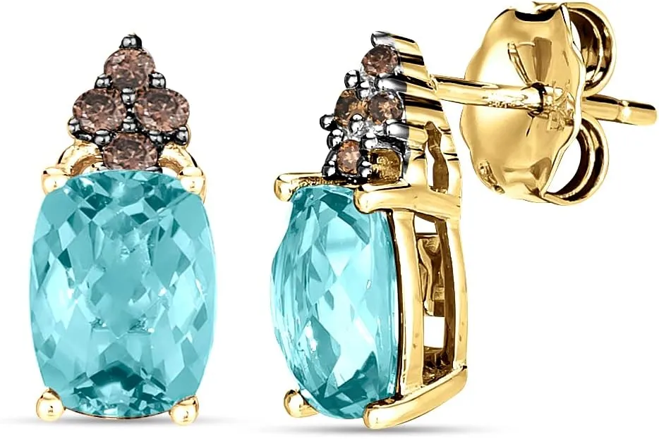 LE VIAN 1/10 Carat Chocolate Diamond and 1 2/5 Carat Cushion Cut Aquamarine Stud Earrings for Women in 14k Yellow Gold (Brown, cttw) 4-Prong Setting Push Back
