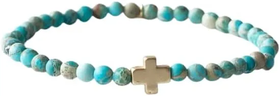 Lenny & Eva Faith Over Fear Cross Stretchable Bracelets for Women Inspirational Jewelry with Message on Card (Turquoise Jasper)