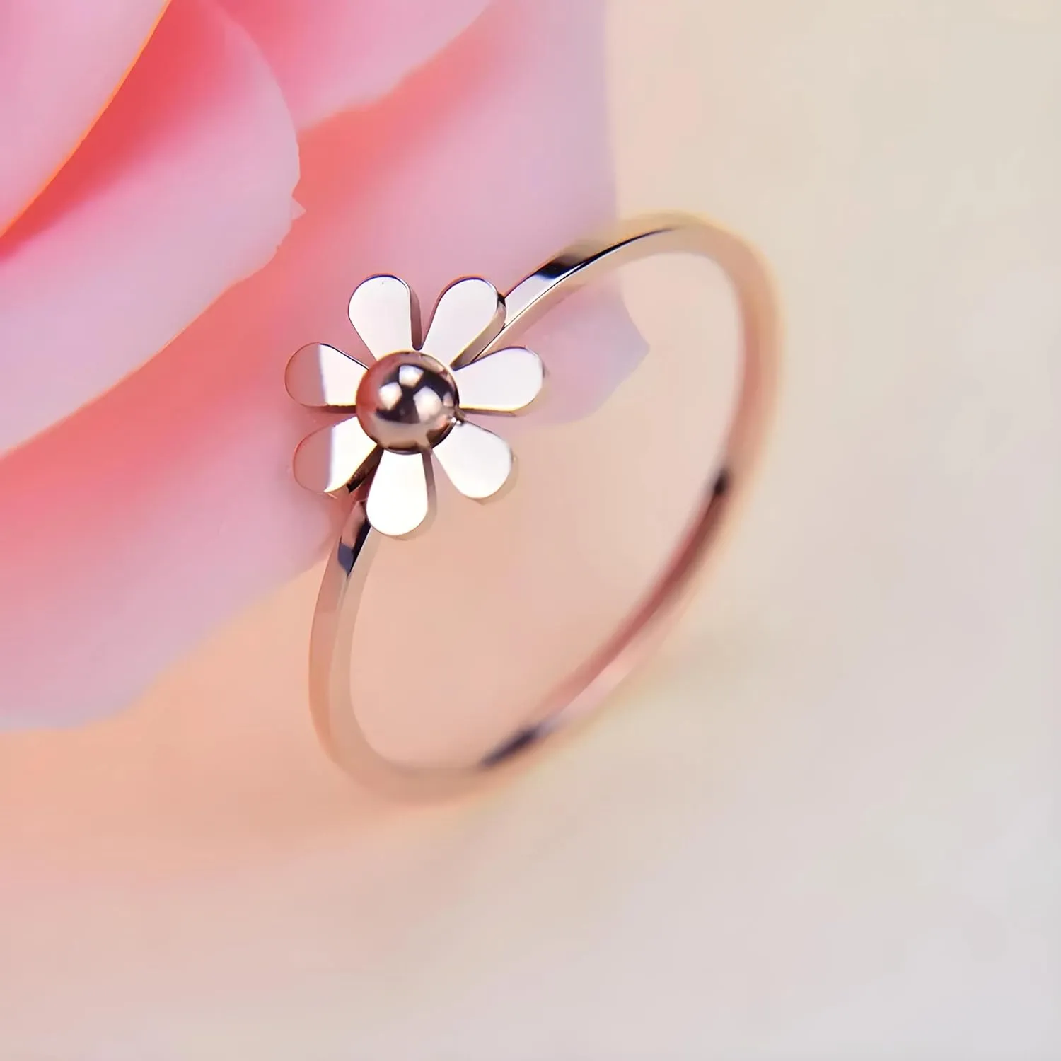 Listing Simple Sun Flower Petals Titanium Steel Ring Rose Gold Small Daisy Flower Couple Rings Jewelry For Women-NG11