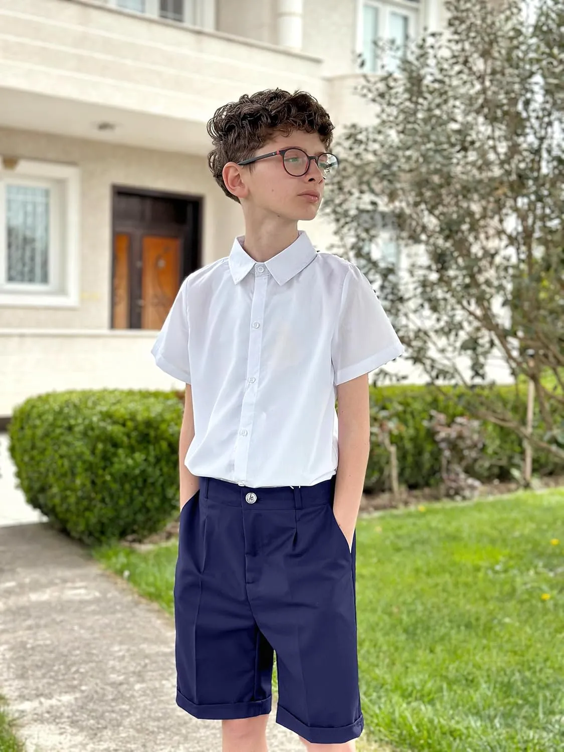 LOLANTA Boys Dress Shorts, Kids Summer Shorts School Uniform Outfit,Flat Front, Solid, Adjustable Waist 2-14 Years