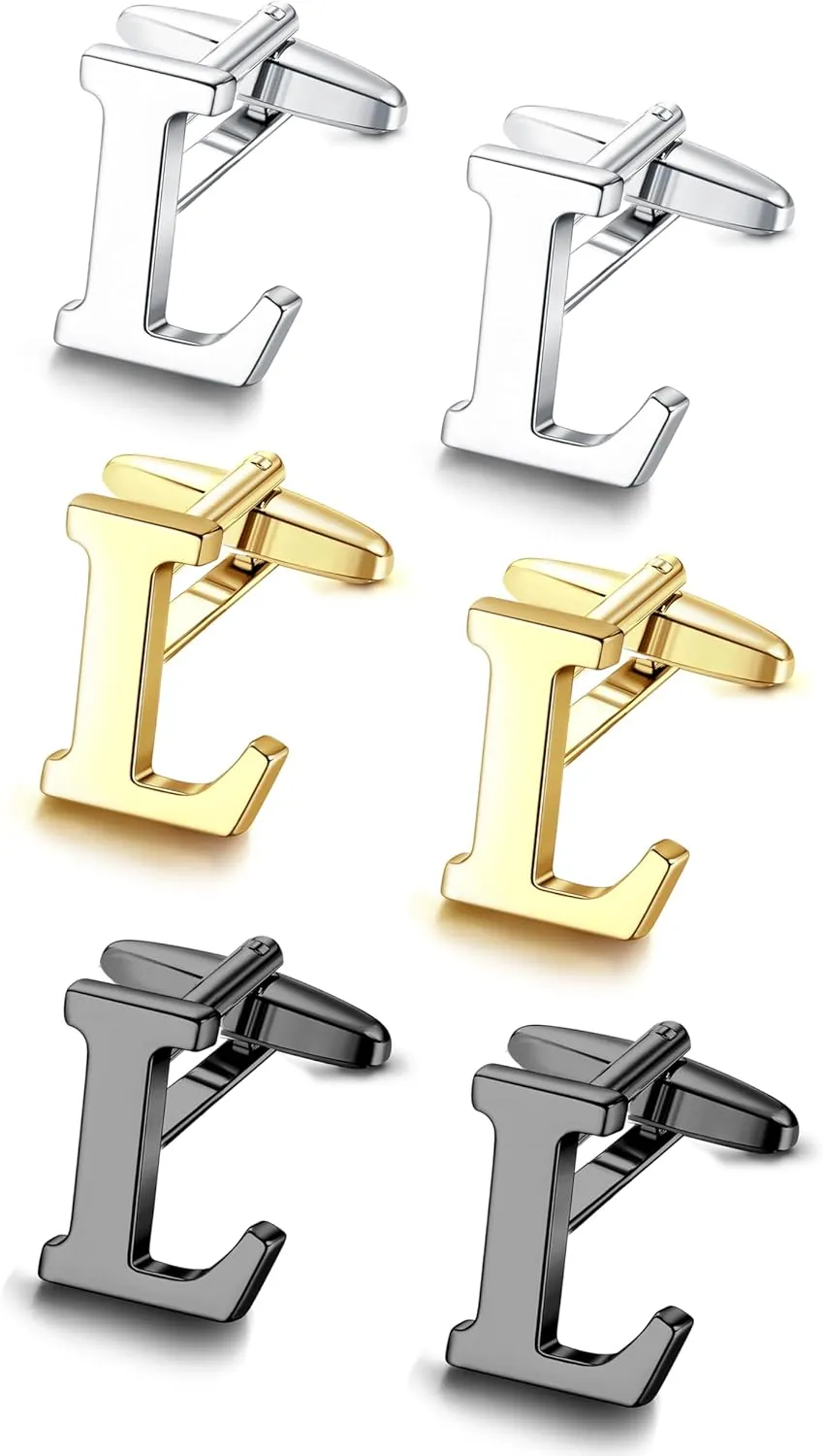 LOLIAS 3 Pairs Cufflinks For Men Personalized Initial Cuff Links Mens Letter CuffLinks for Casual to Formal with Gift Box Silver Black Gold Cufflinks Set for Father Husband Groom