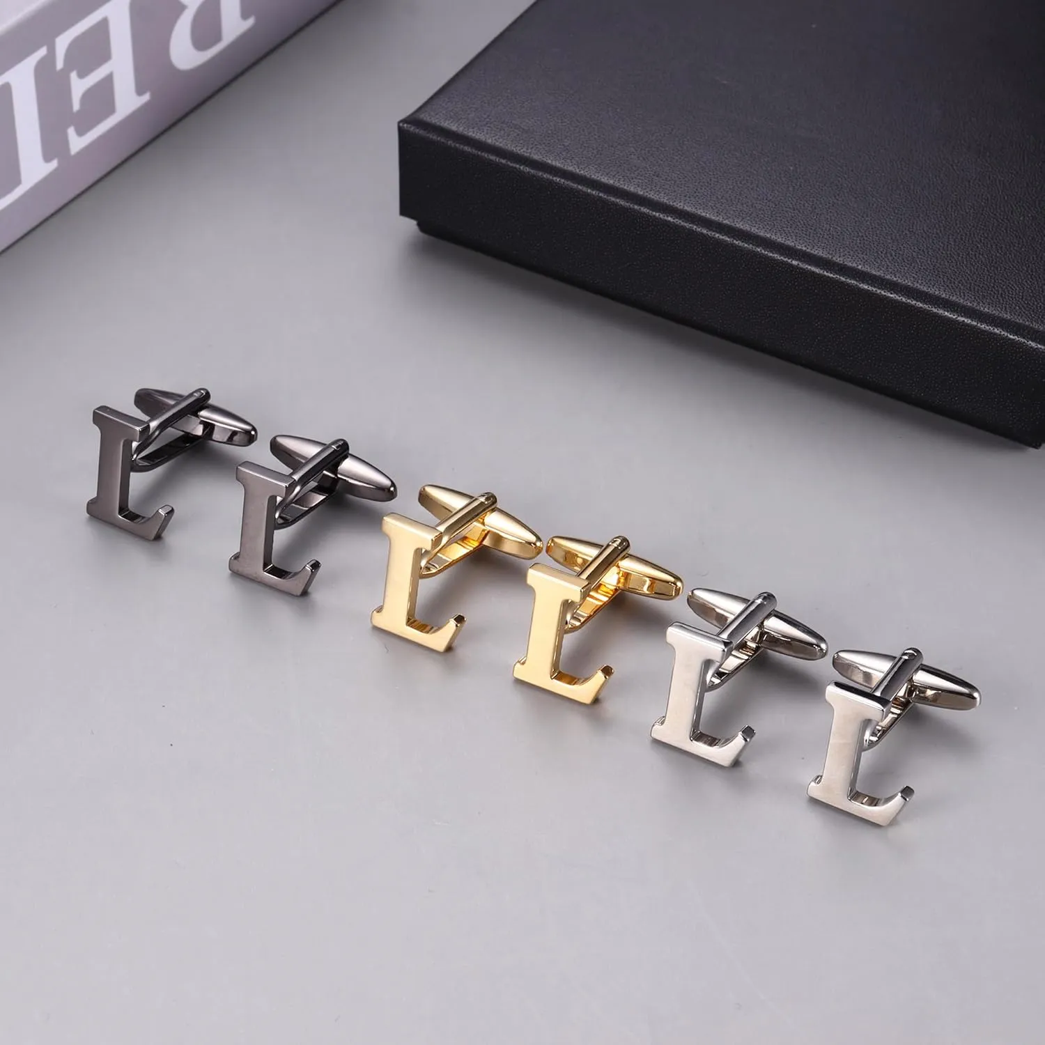 LOLIAS 3 Pairs Cufflinks For Men Personalized Initial Cuff Links Mens Letter CuffLinks for Casual to Formal with Gift Box Silver Black Gold Cufflinks Set for Father Husband Groom