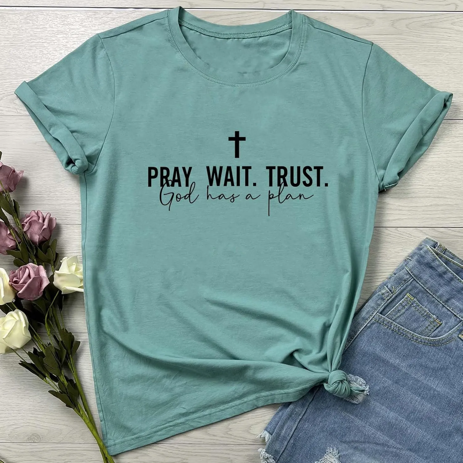 LOOKFACE Women Pray Wait Trust Soft Tees Cute Graphic T Shirts