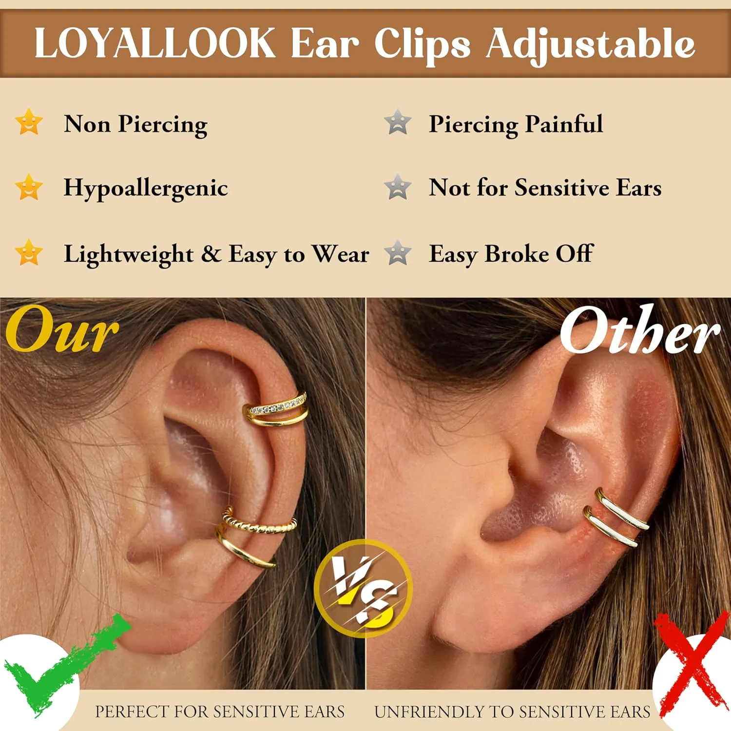 LOYALLOOK Ear Cuff Earrings for Women 14K Gold Plated Ear Cuffs Non Piercing Clip on Cartilage Earring Trendy Fake Earrings Hypoallergenic Huggie Hoop Clip Cuff Earring Lightweight