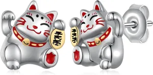 Lucky Cat Earrings 925 Sterling Silver Cute Cat Earrings Studs Maneki Neko Jewelry Gifts for Women