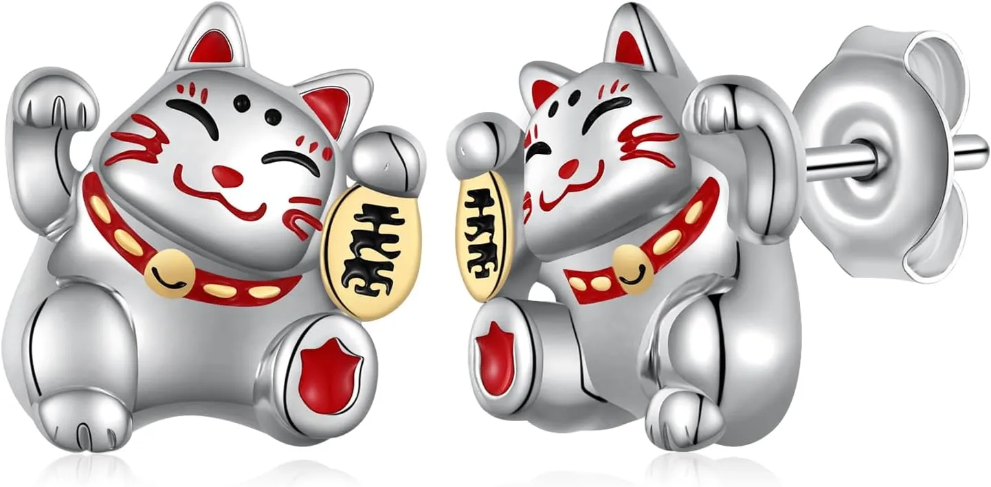 Lucky Cat Earrings 925 Sterling Silver Cute Cat Earrings Studs Maneki Neko Jewelry Gifts for Women