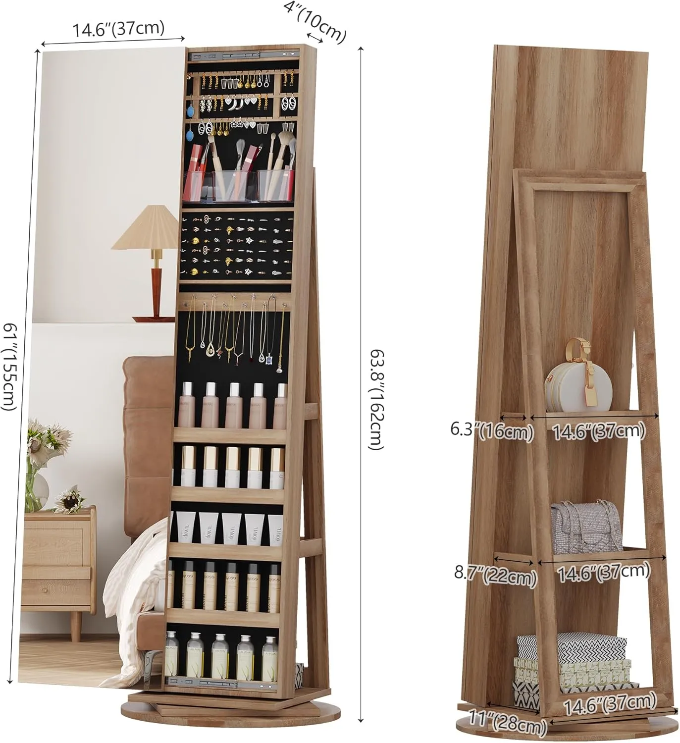 LVSOMT 360 Swivel Jewelry Cabinet with Full Length Mirror, 63" Large Jewelry Armoire Organizer, Lockable Mirror with Jewelry Storage, Floor Standing Mirror, Rear Storage Shelves