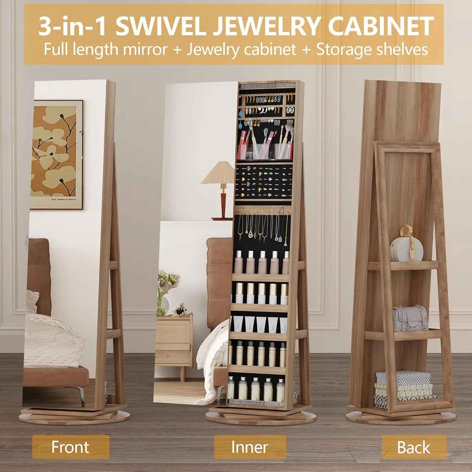 LVSOMT 360 Swivel Jewelry Cabinet with Full Length Mirror, 63" Large Jewelry Armoire Organizer, Lockable Mirror with Jewelry Storage, Floor Standing Mirror, Rear Storage Shelves