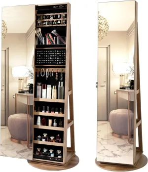 LVSOMT 360 Swivel Jewelry Cabinet with Full Length Mirror, 63" Large Jewelry Armoire Organizer, Lockable Mirror with Jewelry Storage, Floor Standing Mirror, Rear Storage Shelves
