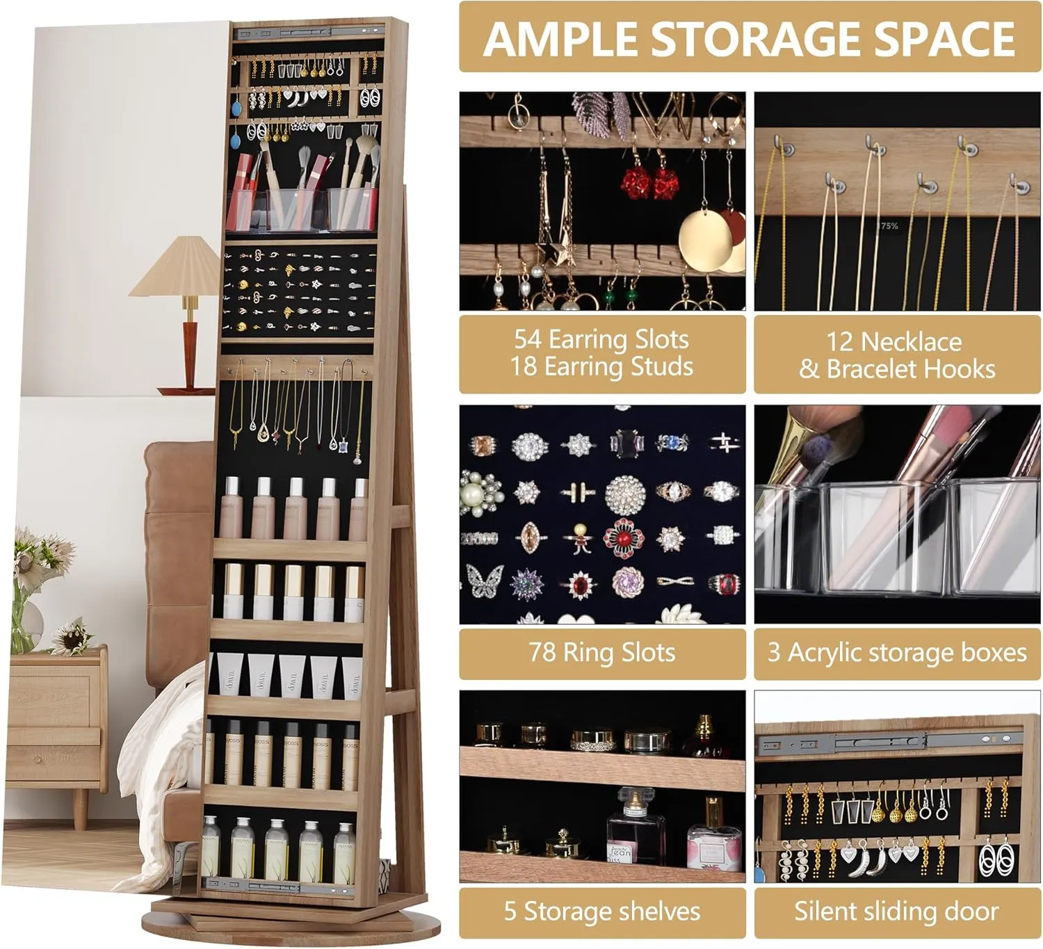 LVSOMT 360 Swivel Jewelry Cabinet with Full Length Mirror, 63" Large Jewelry Armoire Organizer, Lockable Mirror with Jewelry Storage, Floor Standing Mirror, Rear Storage Shelves