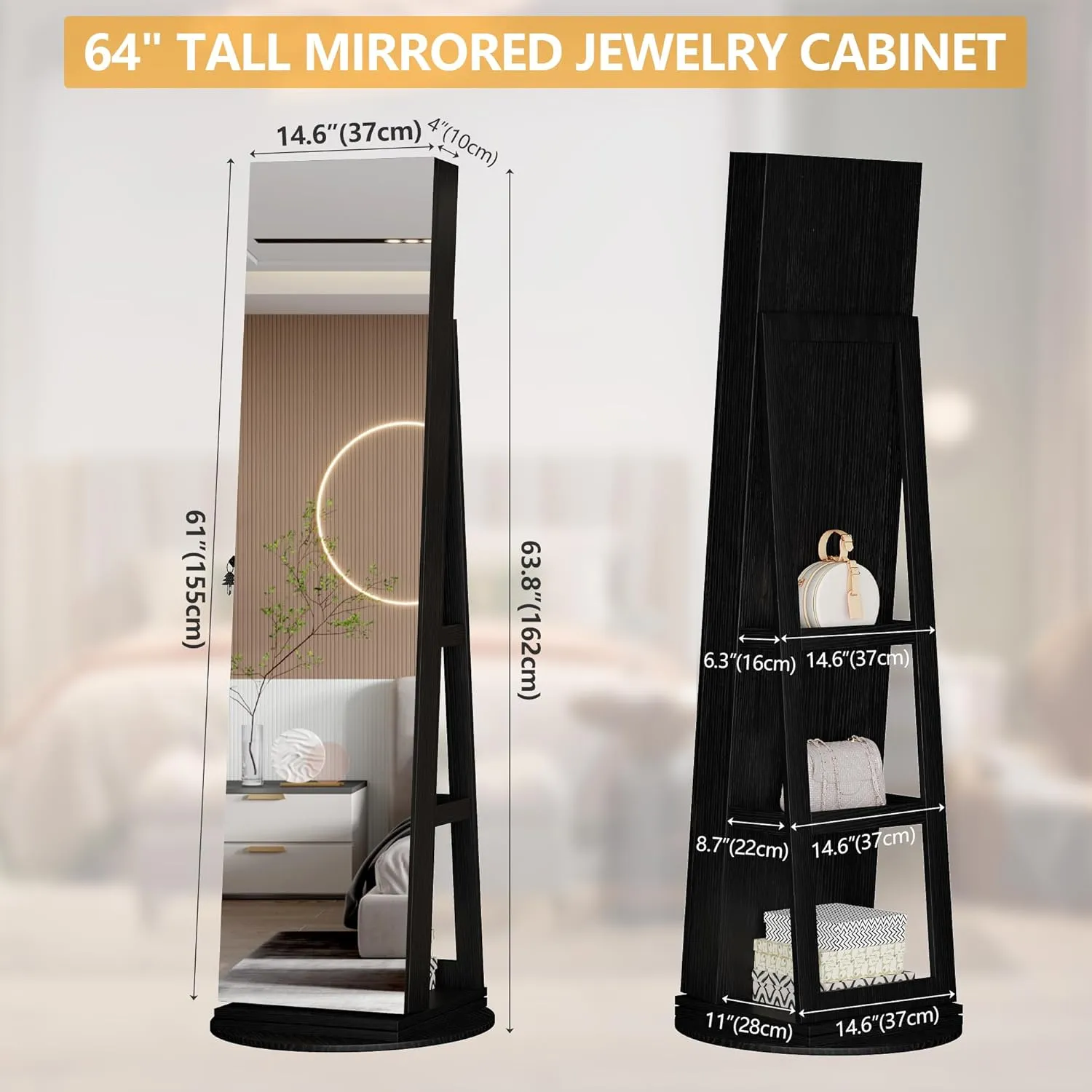 LVSOMT 360 Swivel Jewelry Mirror Cabinet, Standing Jewelry Armoire Organizer, 63" Rotatable Full Length Mirror with Jewelry Storage, Lockable with Back Storage Shelve (Black)