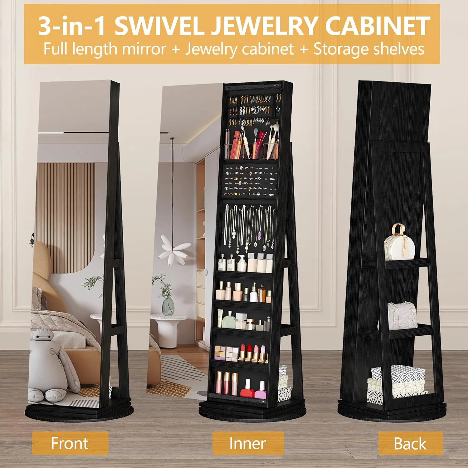 LVSOMT 360 Swivel Jewelry Mirror Cabinet, Standing Jewelry Armoire Organizer, 63" Rotatable Full Length Mirror with Jewelry Storage, Lockable with Back Storage Shelve (Black)