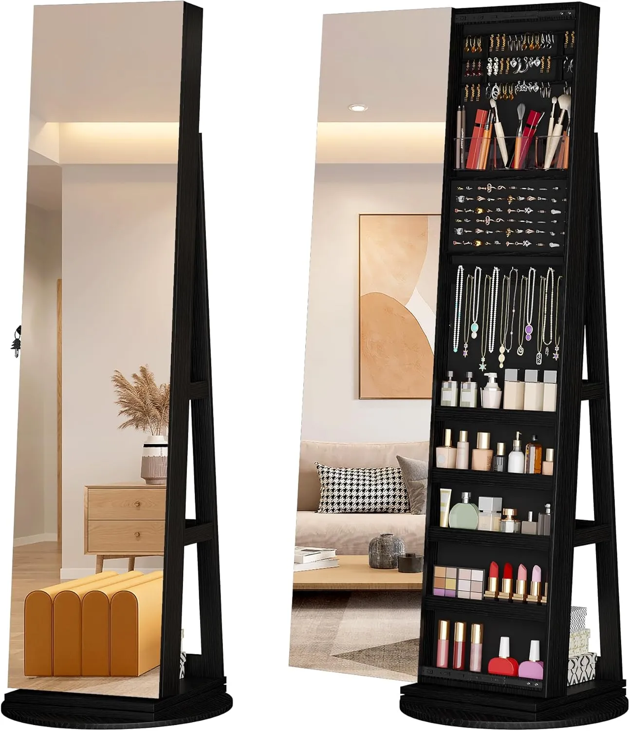 LVSOMT 360 Swivel Jewelry Mirror Cabinet, Standing Jewelry Armoire Organizer, 63" Rotatable Full Length Mirror with Jewelry Storage, Lockable with Back Storage Shelve (Black)