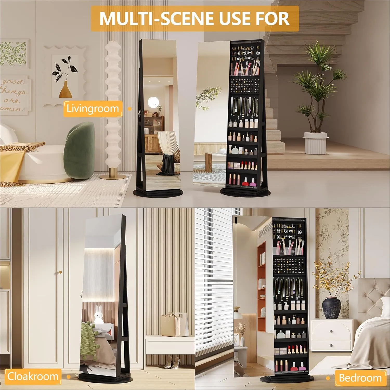 LVSOMT 360 Swivel Jewelry Mirror Cabinet, Standing Jewelry Armoire Organizer, 63" Rotatable Full Length Mirror with Jewelry Storage, Lockable with Back Storage Shelve (Black)