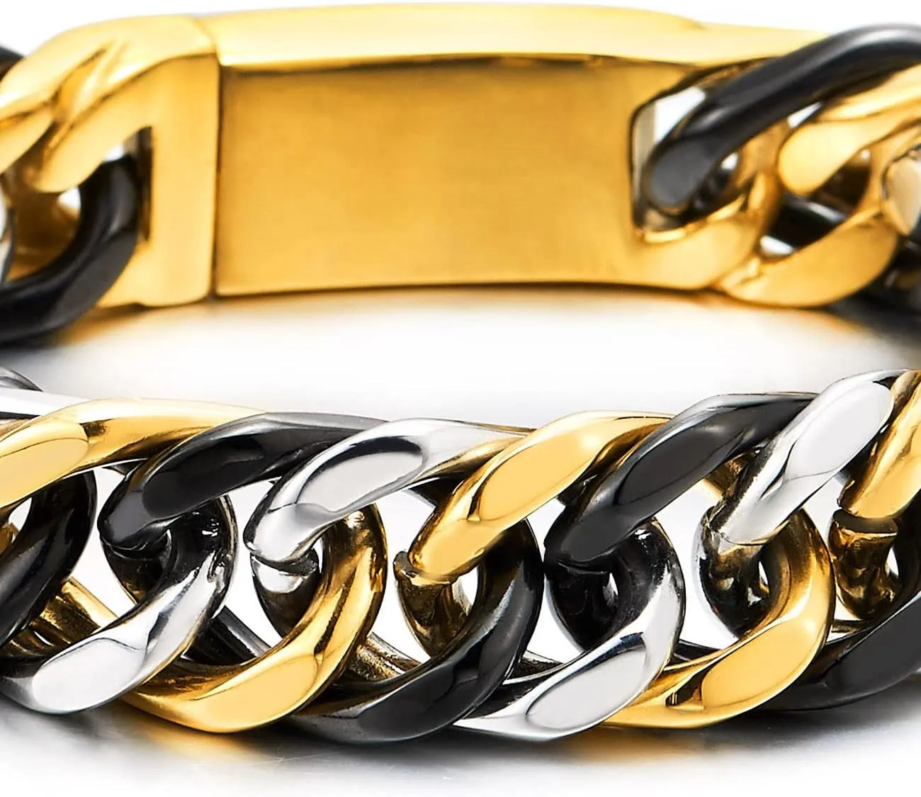 Masculine Mens Stainless Steel Large Black Curb Chain Bangle Bracelet, Polished