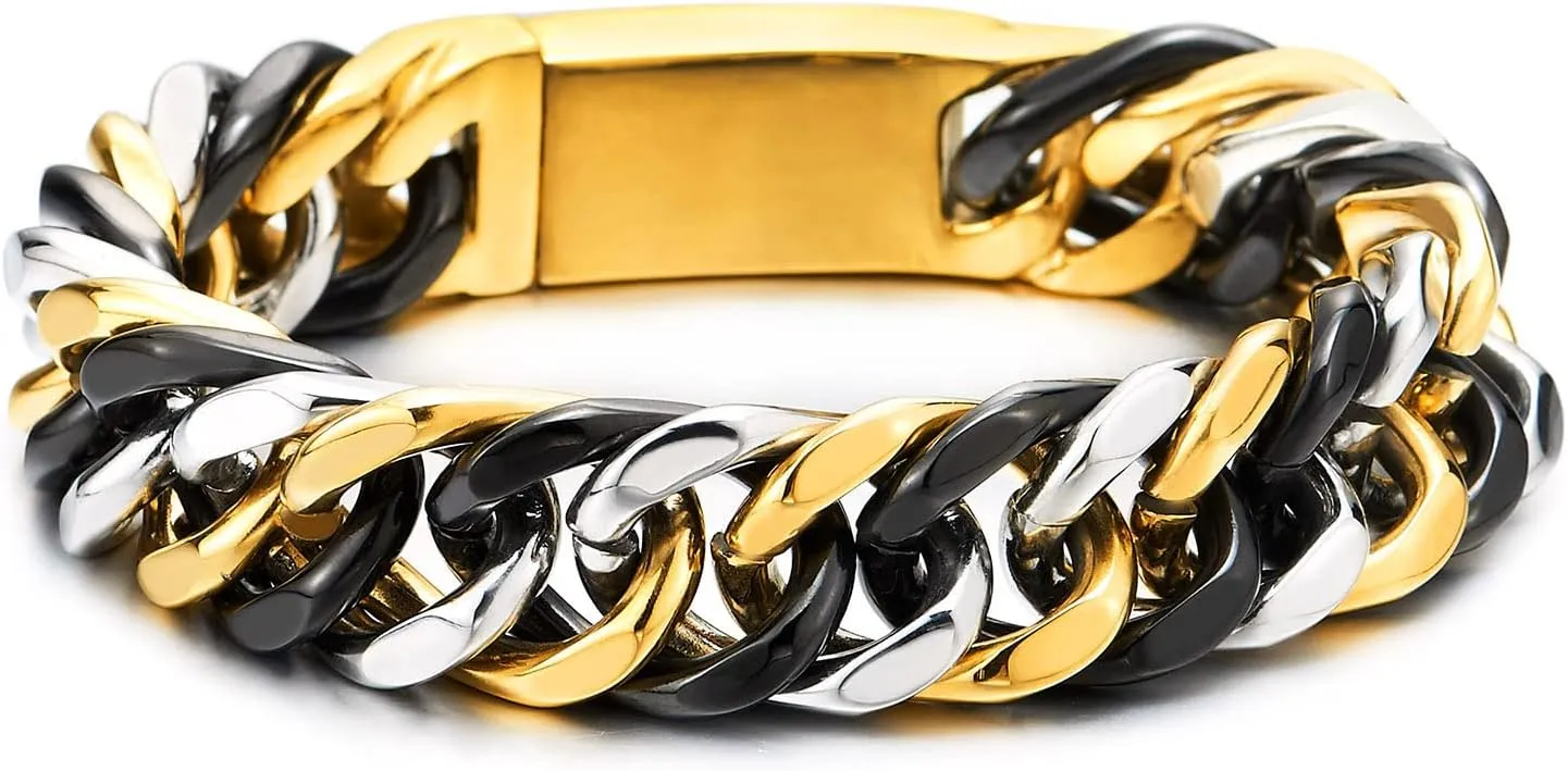 Masculine Mens Stainless Steel Large Black Curb Chain Bangle Bracelet, Polished