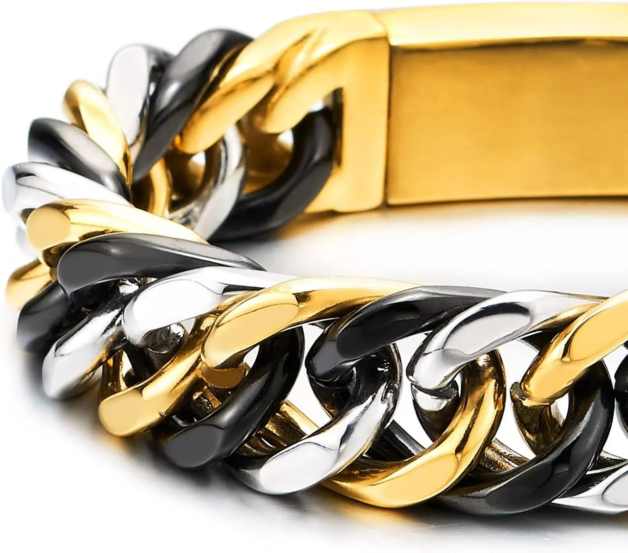 Masculine Mens Stainless Steel Large Black Curb Chain Bangle Bracelet, Polished