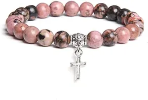 Men Beads Bracelet Slivers Color Cross Pendant Bracelet Natural Stone Bracelets Charm for Women Healing Prayer Jewelry (Metal Color: Rhodonite Stone - Length: 21CM)