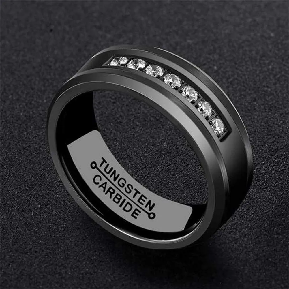 Mens Black 8mm Tungsten Carbide Ring Vintage Cubic Zirconia Wedding Jewelry Engagement Promise Band for Him Matte Finish Comfort Fit