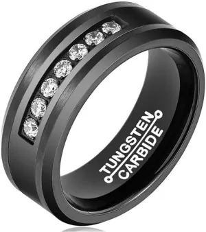 Mens Black 8mm Tungsten Carbide Ring Vintage Cubic Zirconia Wedding Jewelry Engagement Promise Band for Him Matte Finish Comfort Fit