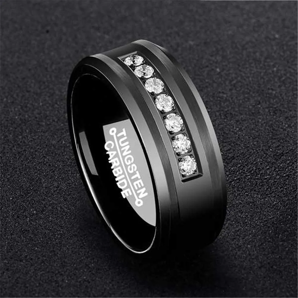 Mens Black 8mm Tungsten Carbide Ring Vintage Cubic Zirconia Wedding Jewelry Engagement Promise Band for Him Matte Finish Comfort Fit