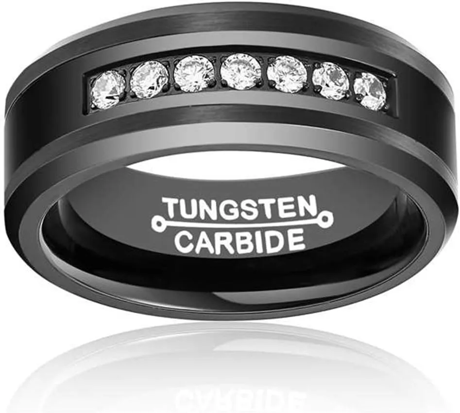Mens Black 8mm Tungsten Carbide Ring Vintage Cubic Zirconia Wedding Jewelry Engagement Promise Band for Him Matte Finish Comfort Fit