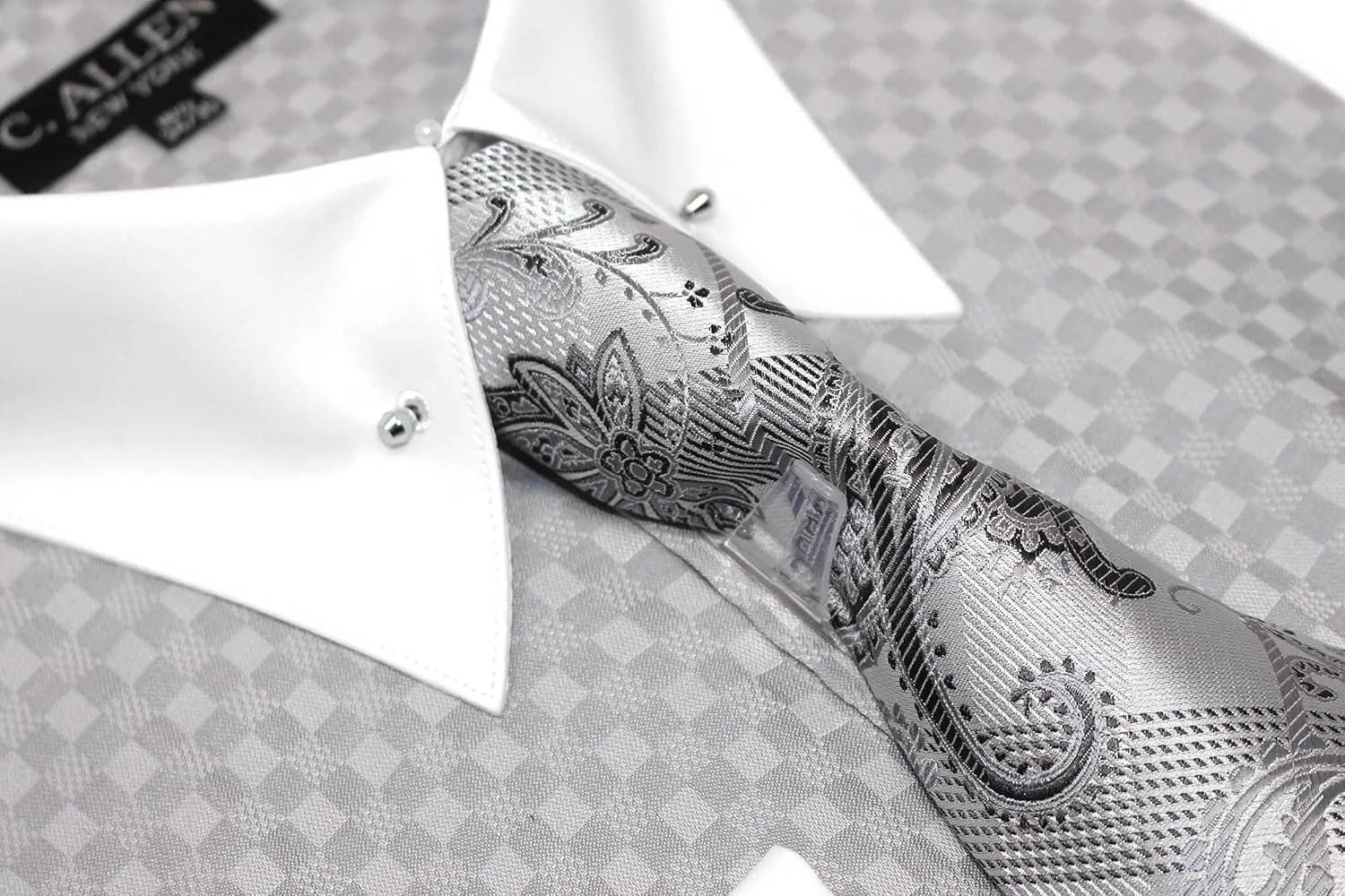 Men's Checkered Pattern Regular Fit French Cuffs Dress Shirts with Tie Hanky Cufflinks Collar Bar Combo