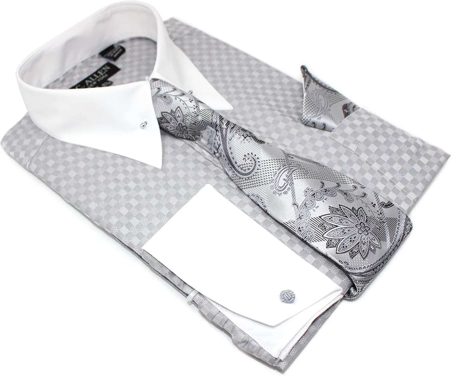 Men's Checkered Pattern Regular Fit French Cuffs Dress Shirts with Tie Hanky Cufflinks Collar Bar Combo