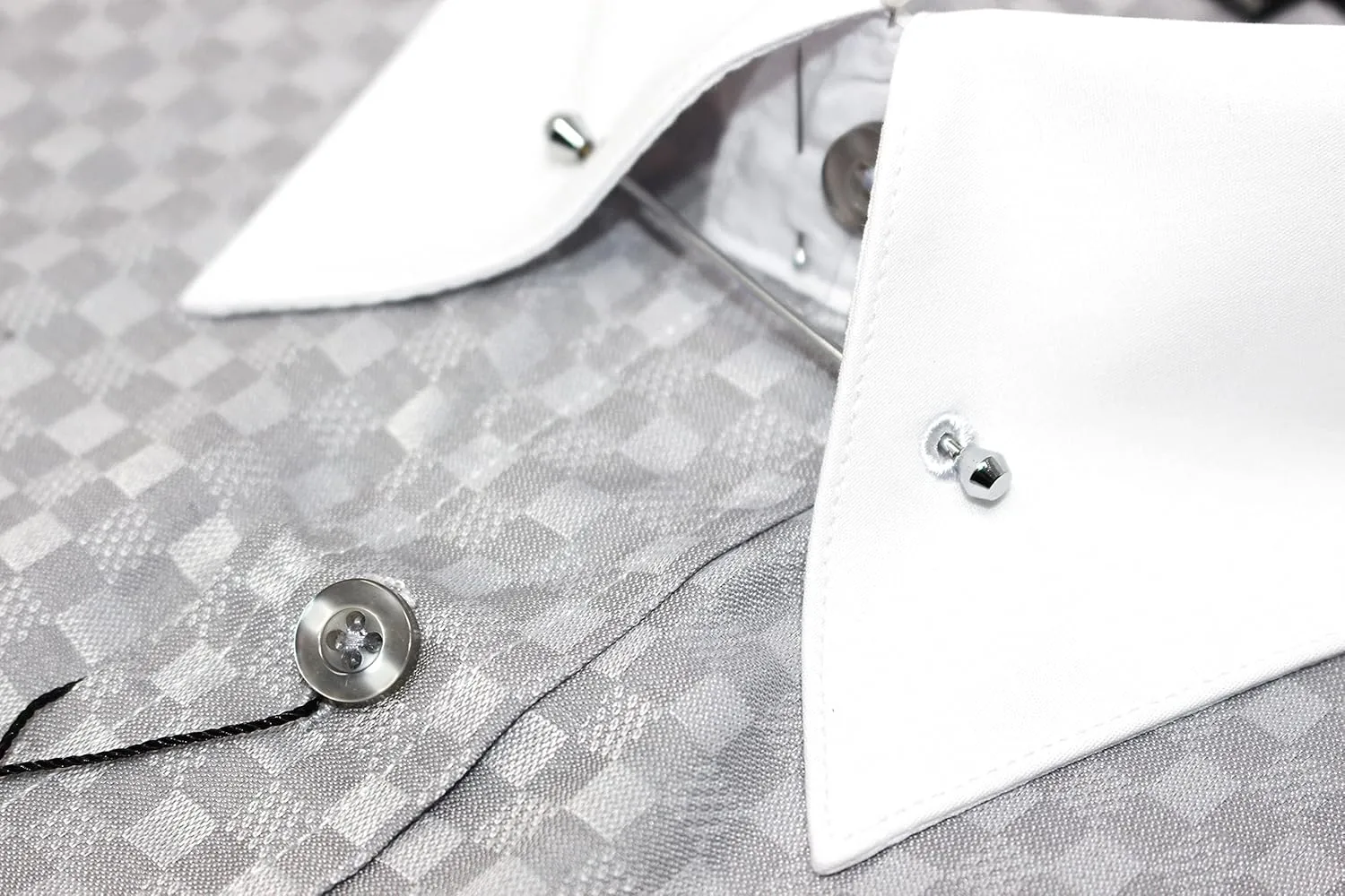 Men's Checkered Pattern Regular Fit French Cuffs Dress Shirts with Tie Hanky Cufflinks Collar Bar Combo