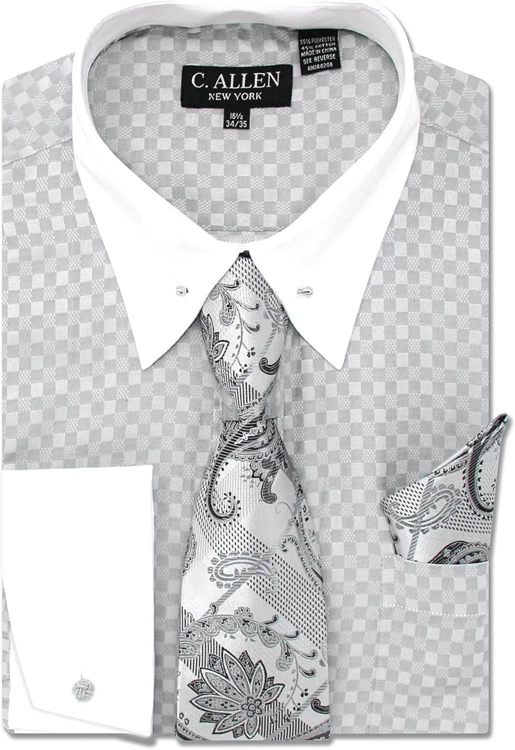 Men's Checkered Pattern Regular Fit French Cuffs Dress Shirts with Tie Hanky Cufflinks Collar Bar Combo