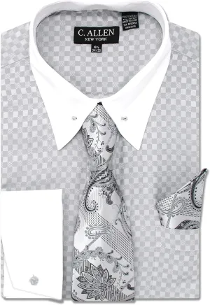 Men's Checkered Pattern Regular Fit French Cuffs Dress Shirts with Tie Hanky Cufflinks Collar Bar Combo