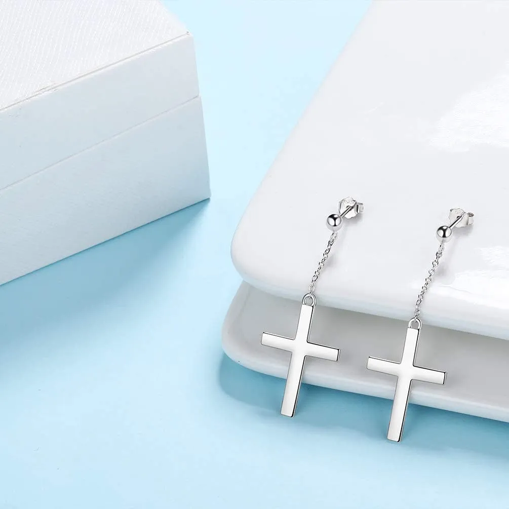 Mens Cross Earrings 925 Sterling Silver Religious Christian Cross Dangle Earrings for Mens Womens Asymmetric Cross Earrings Amulet Jewelry Gift for Christmas Day Thanksgiving Halloween Valentine Day Gifts with Gift Box