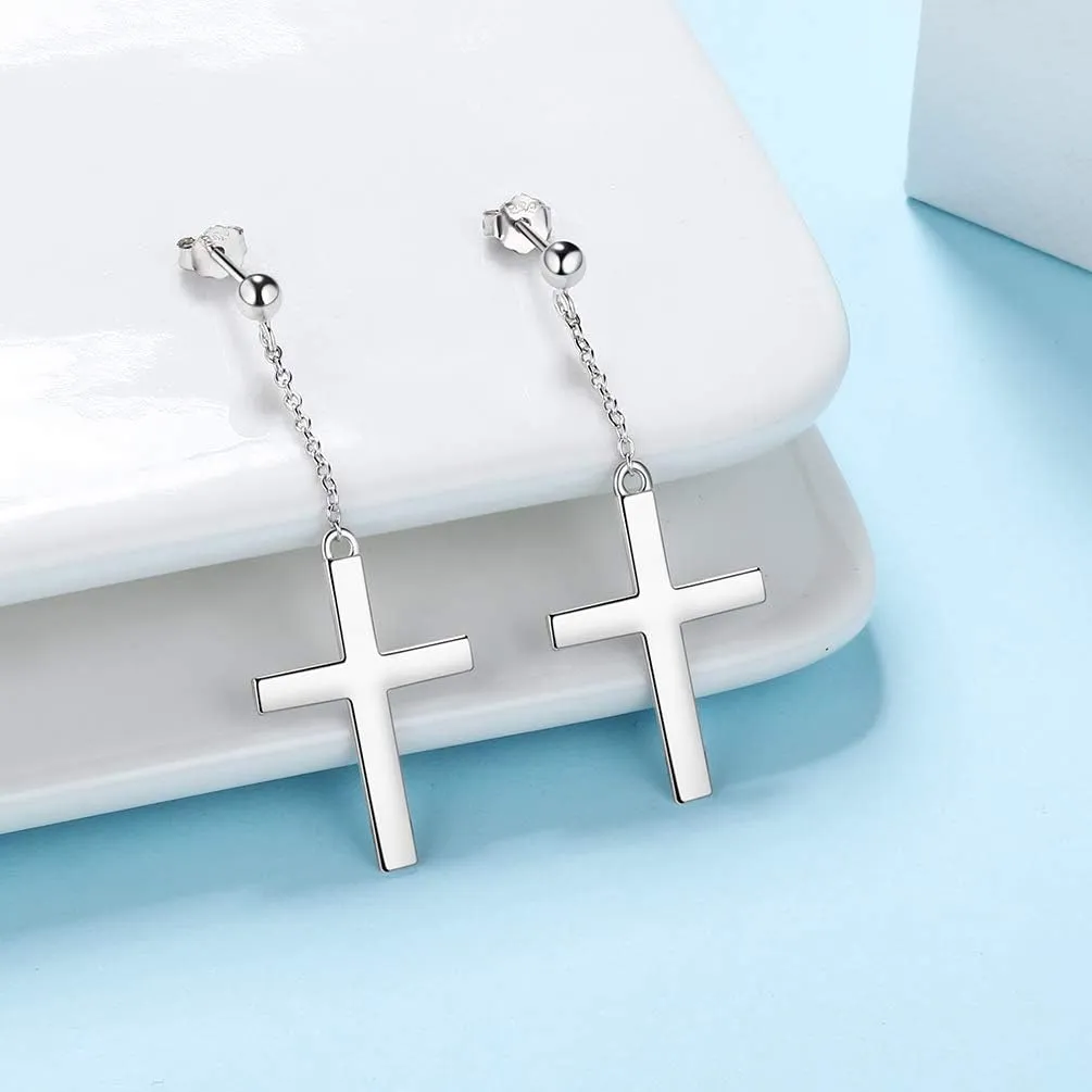 Mens Cross Earrings 925 Sterling Silver Religious Christian Cross Dangle Earrings for Mens Womens Asymmetric Cross Earrings Amulet Jewelry Gift for Christmas Day Thanksgiving Halloween Valentine Day Gifts with Gift Box