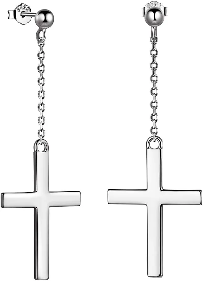 Mens Cross Earrings 925 Sterling Silver Religious Christian Cross Dangle Earrings for Mens Womens Asymmetric Cross Earrings Amulet Jewelry Gift for Christmas Day Thanksgiving Halloween Valentine Day Gifts with Gift Box