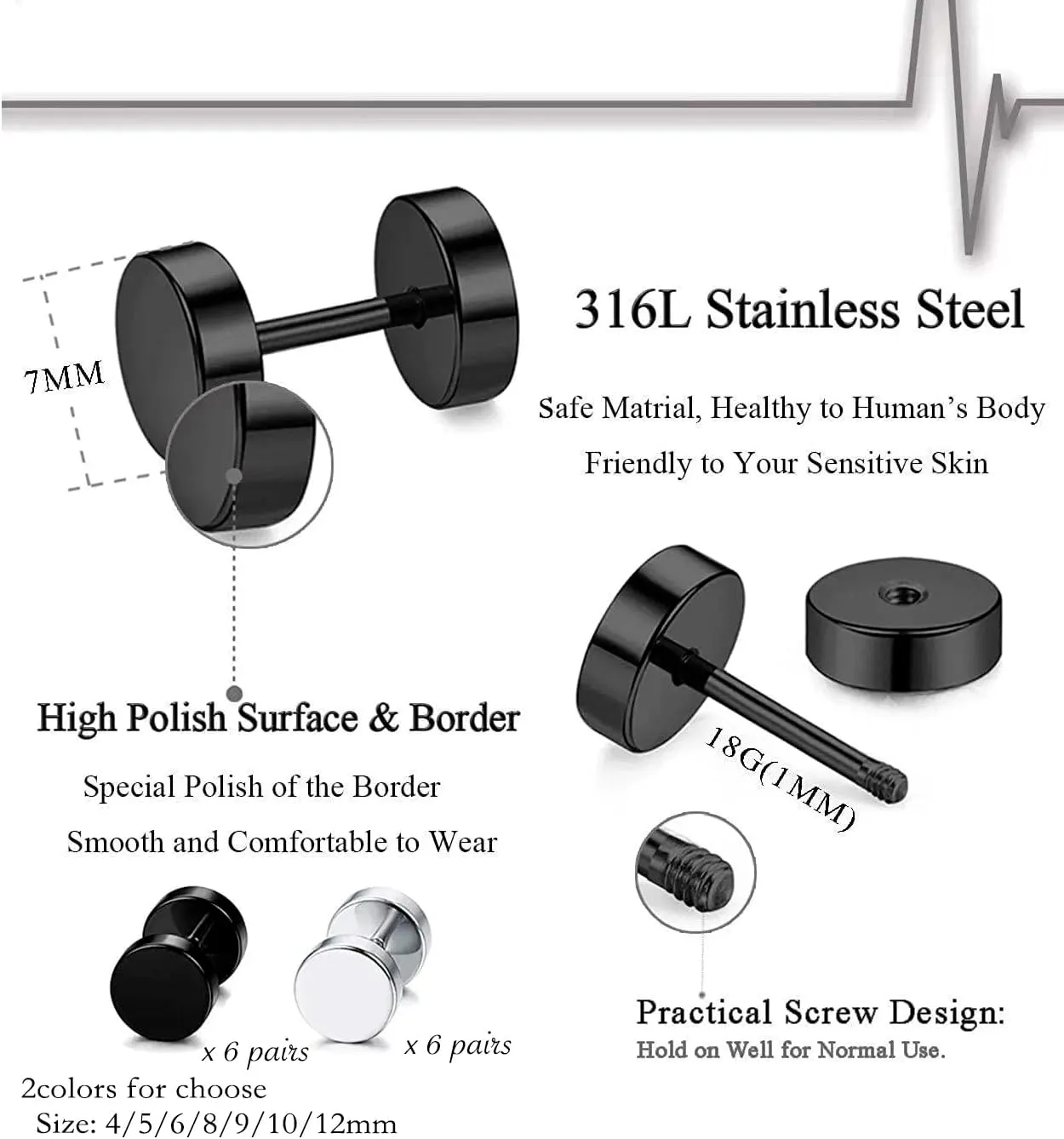 Men's earrings stainless steel barbell Black stud earrings Surgical hypoallergenic cartilage piercings Flat back stud earrings for women men