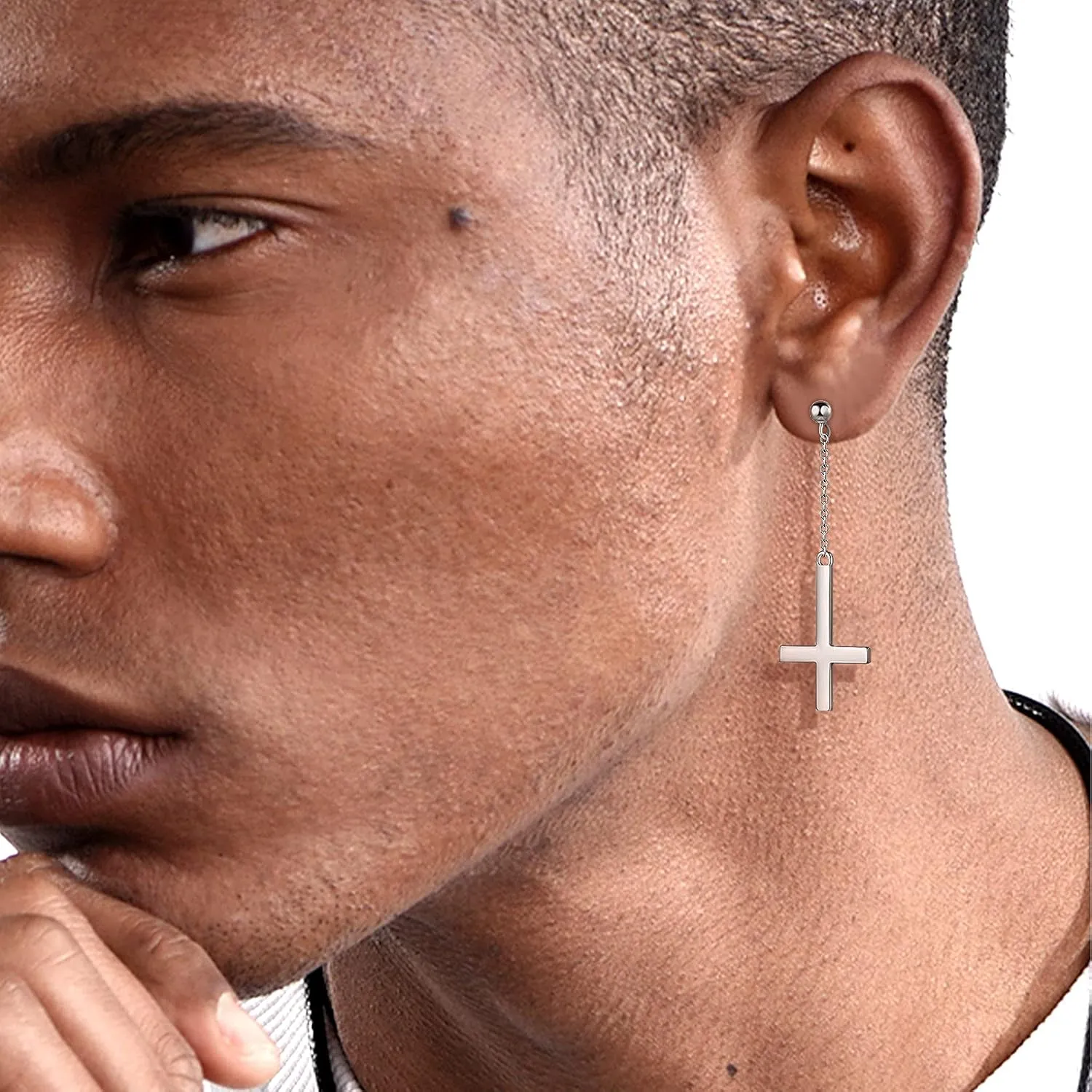 Mens Inverted Cross Earrings Solid 925 Sterling Silver Fine Jewelry Asymmetric Upside Down Cross Earrings St. Peter Satanic Earrings Piercing Clip On Earrings Gothic Jewelry Christmas Jewelry Gift Thanksgiving Day Women Girls