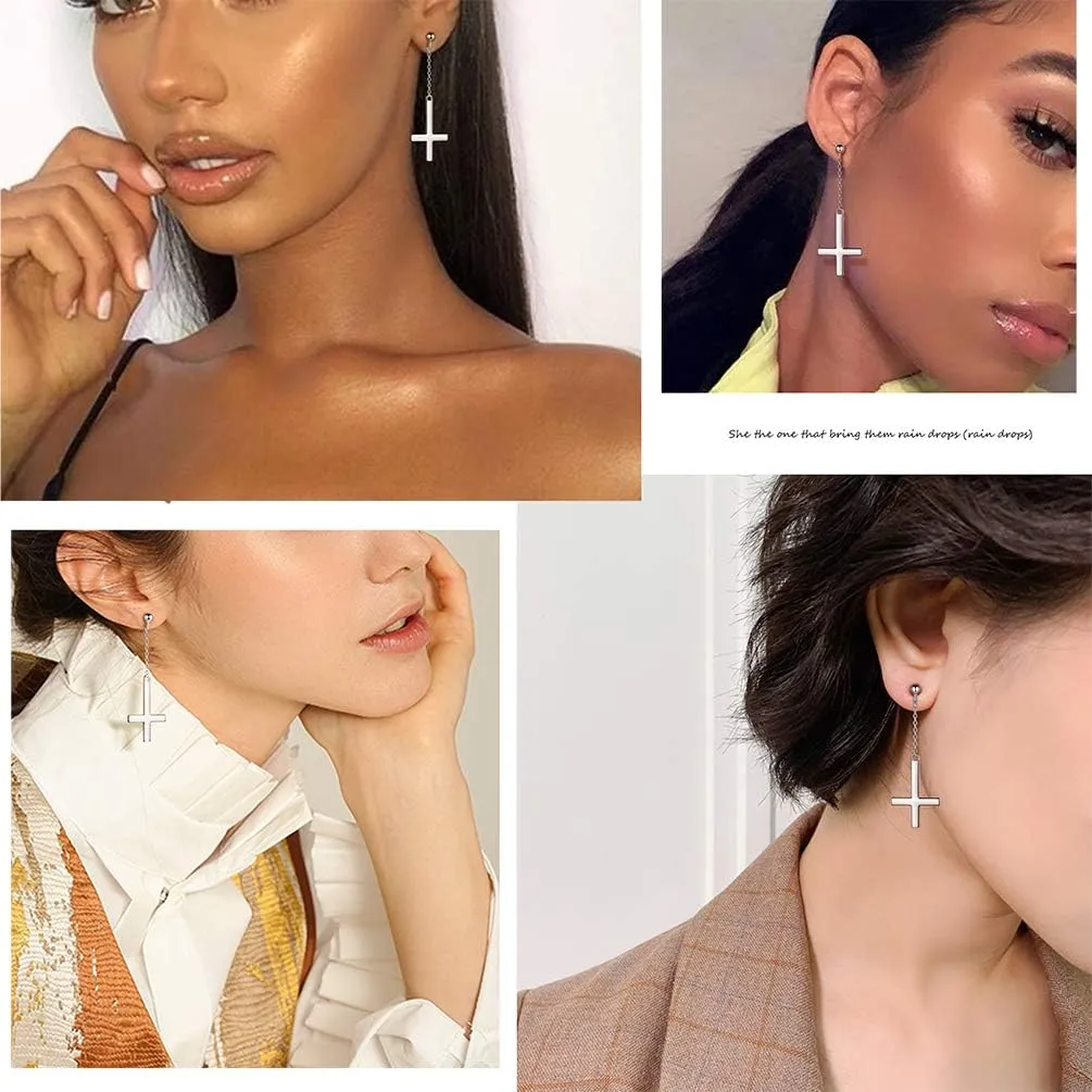 Mens Inverted Cross Earrings Solid 925 Sterling Silver Fine Jewelry Asymmetric Upside Down Cross Earrings St. Peter Satanic Earrings Piercing Clip On Earrings Gothic Jewelry Christmas Jewelry Gift Thanksgiving Day Women Girls