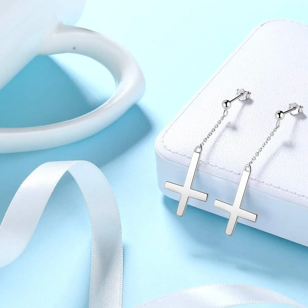 Mens Inverted Cross Earrings Solid 925 Sterling Silver Fine Jewelry Asymmetric Upside Down Cross Earrings St. Peter Satanic Earrings Piercing Clip On Earrings Gothic Jewelry Christmas Jewelry Gift Thanksgiving Day Women Girls