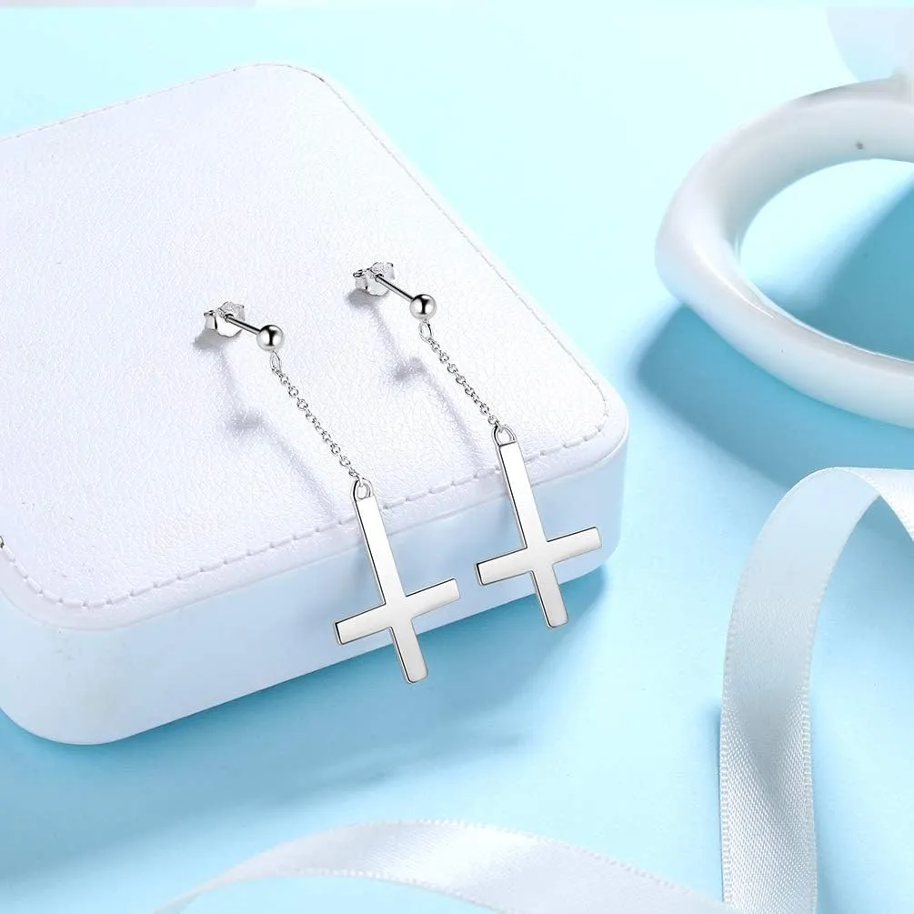 Mens Inverted Cross Earrings Solid 925 Sterling Silver Fine Jewelry Asymmetric Upside Down Cross Earrings St. Peter Satanic Earrings Piercing Clip On Earrings Gothic Jewelry Christmas Jewelry Gift Thanksgiving Day Women Girls