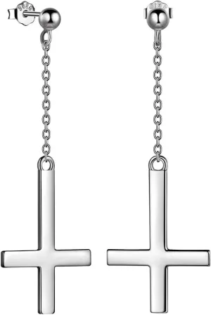 Mens Inverted Cross Earrings Solid 925 Sterling Silver Fine Jewelry Asymmetric Upside Down Cross Earrings St. Peter Satanic Earrings Piercing Clip On Earrings Gothic Jewelry Christmas Jewelry Gift Thanksgiving Day Women Girls