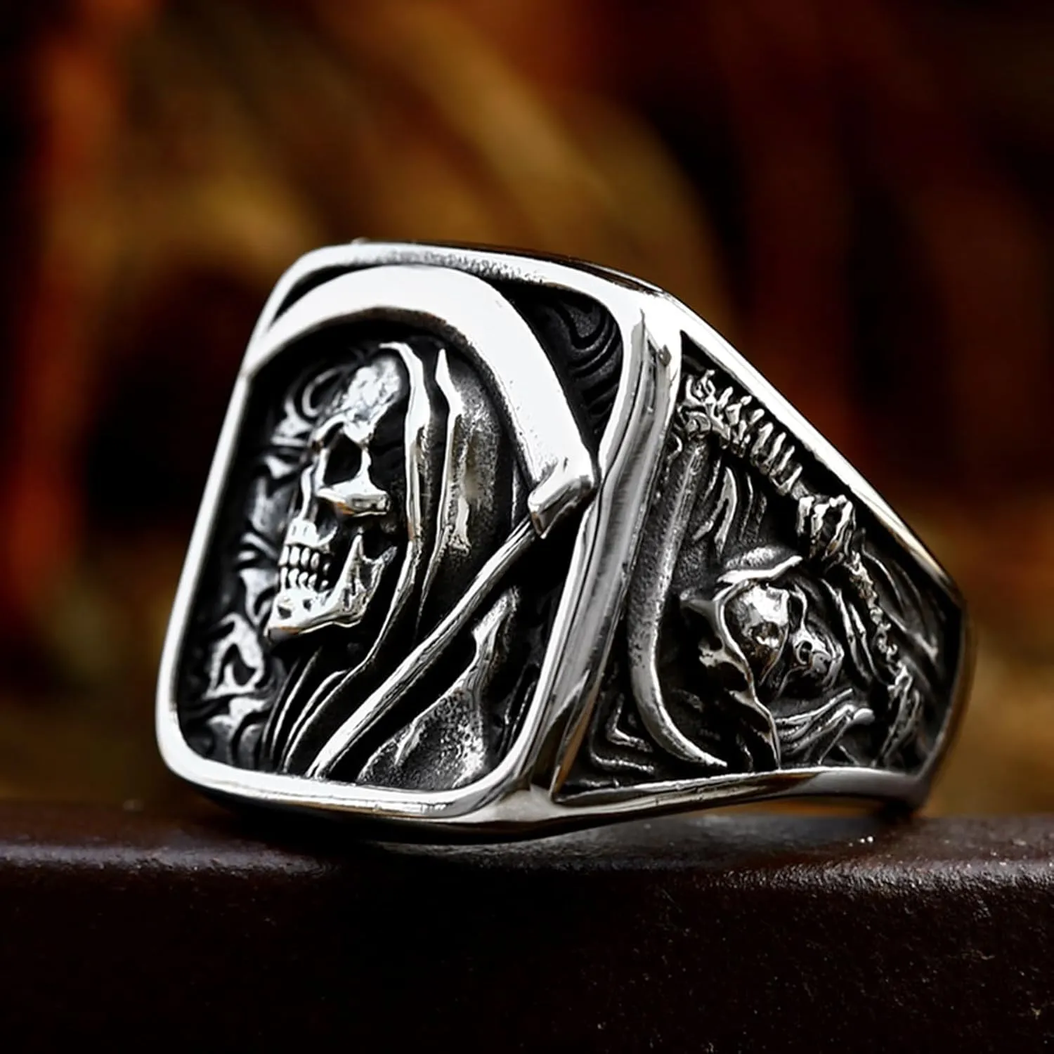 Mens Punk Death Skull Rings,Stainless Steel Gothic Skeleton Signet Rings for Men, Size 7-12