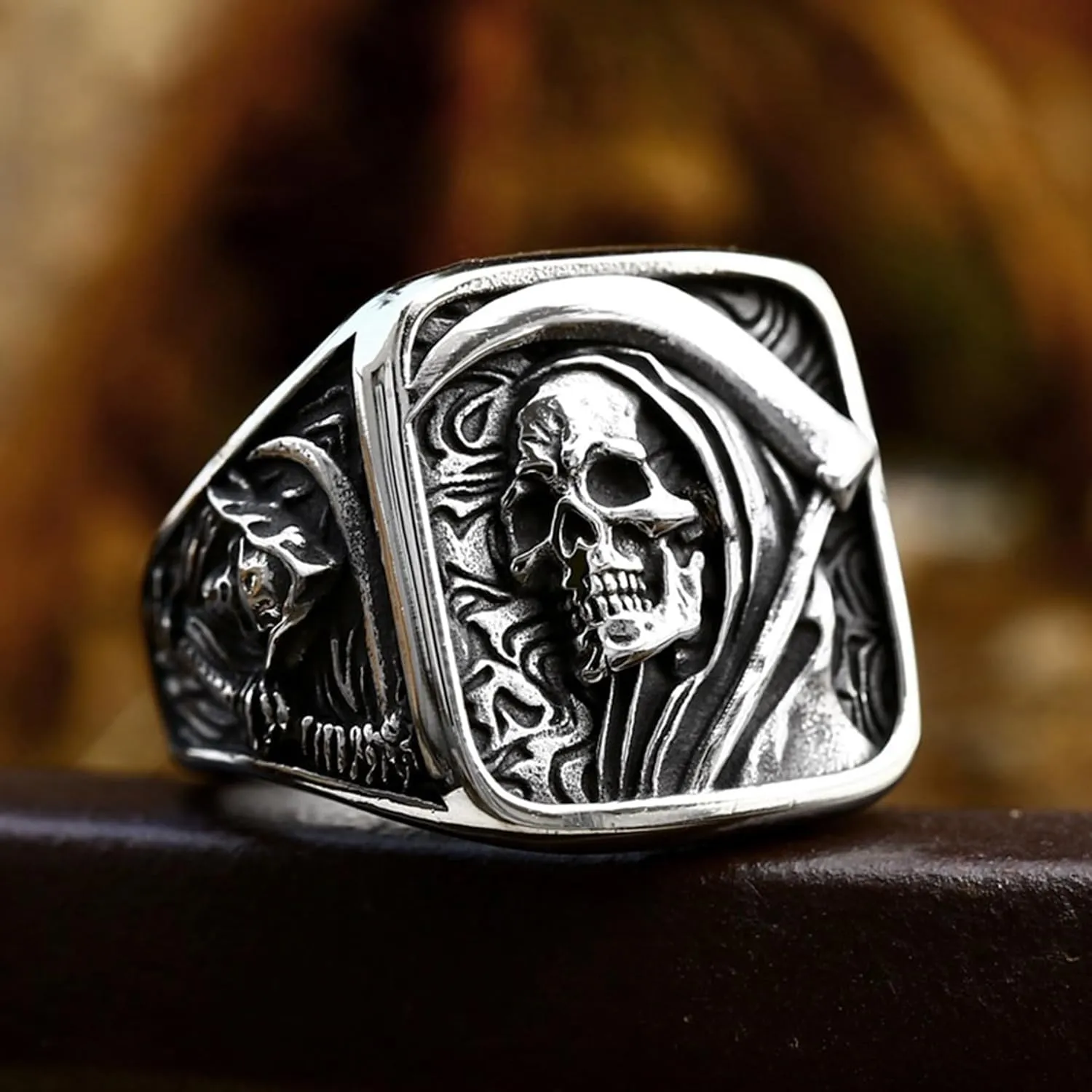 Mens Punk Death Skull Rings,Stainless Steel Gothic Skeleton Signet Rings for Men, Size 7-12