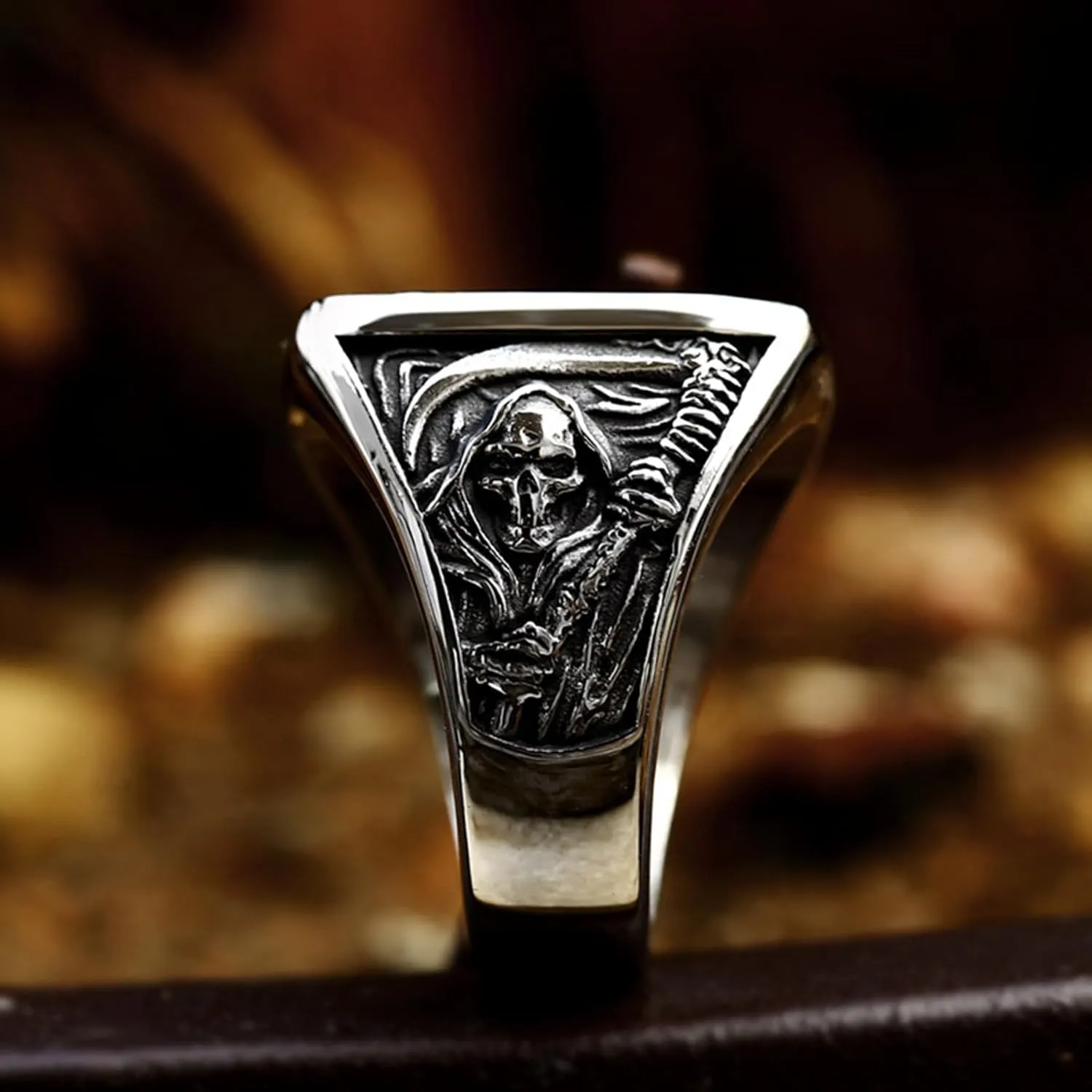Mens Punk Death Skull Rings,Stainless Steel Gothic Skeleton Signet Rings for Men, Size 7-12