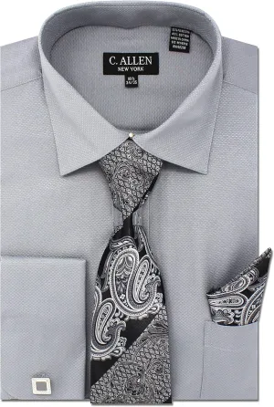 Men's Solid Square Pattern Regular Fit French Cuffs Dress Shirts with Tie Hanky Cufflinks Combo