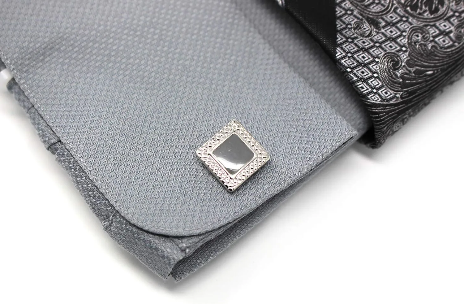 Men's Solid Square Pattern Regular Fit French Cuffs Dress Shirts with Tie Hanky Cufflinks Combo