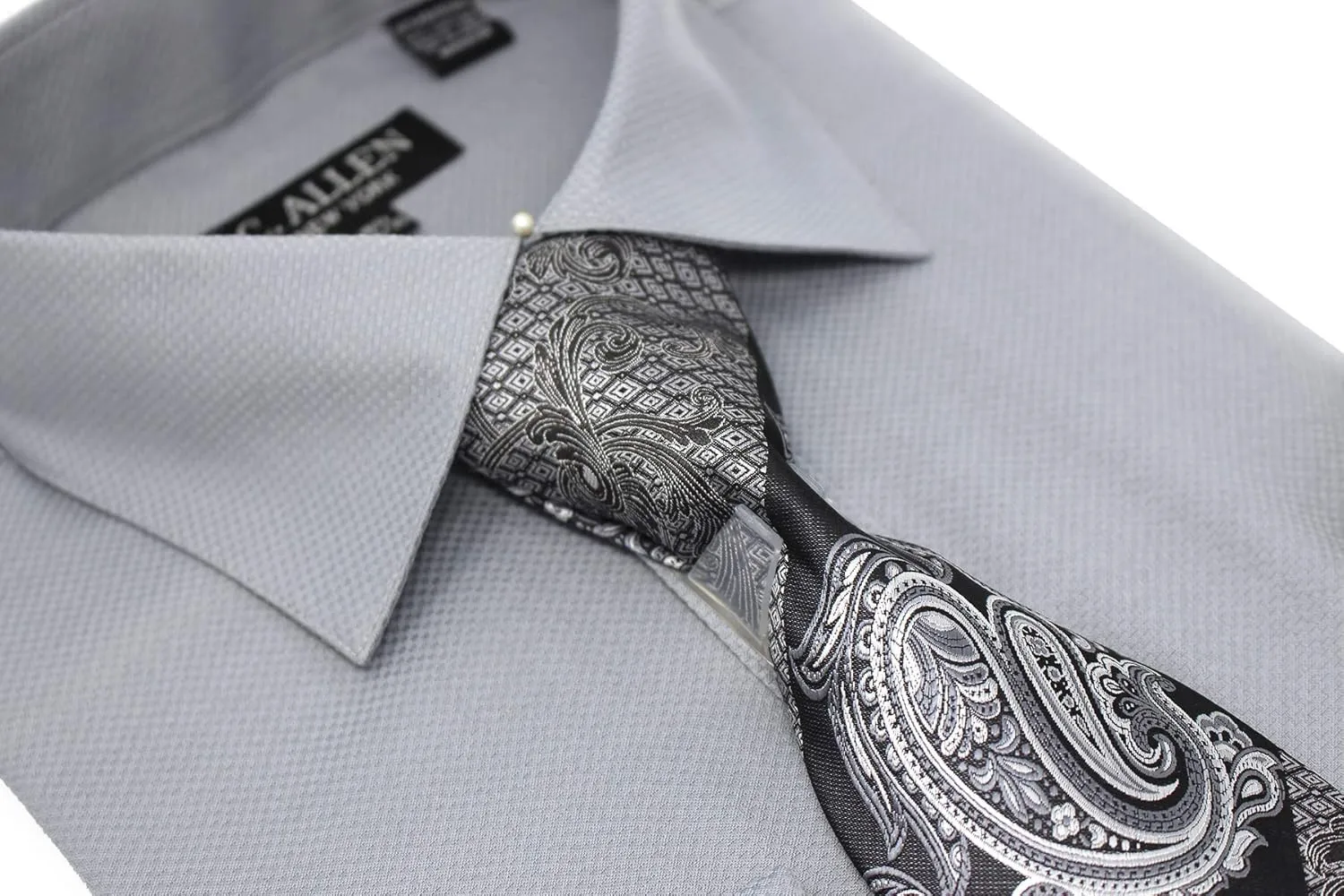 Men's Solid Square Pattern Regular Fit French Cuffs Dress Shirts with Tie Hanky Cufflinks Combo