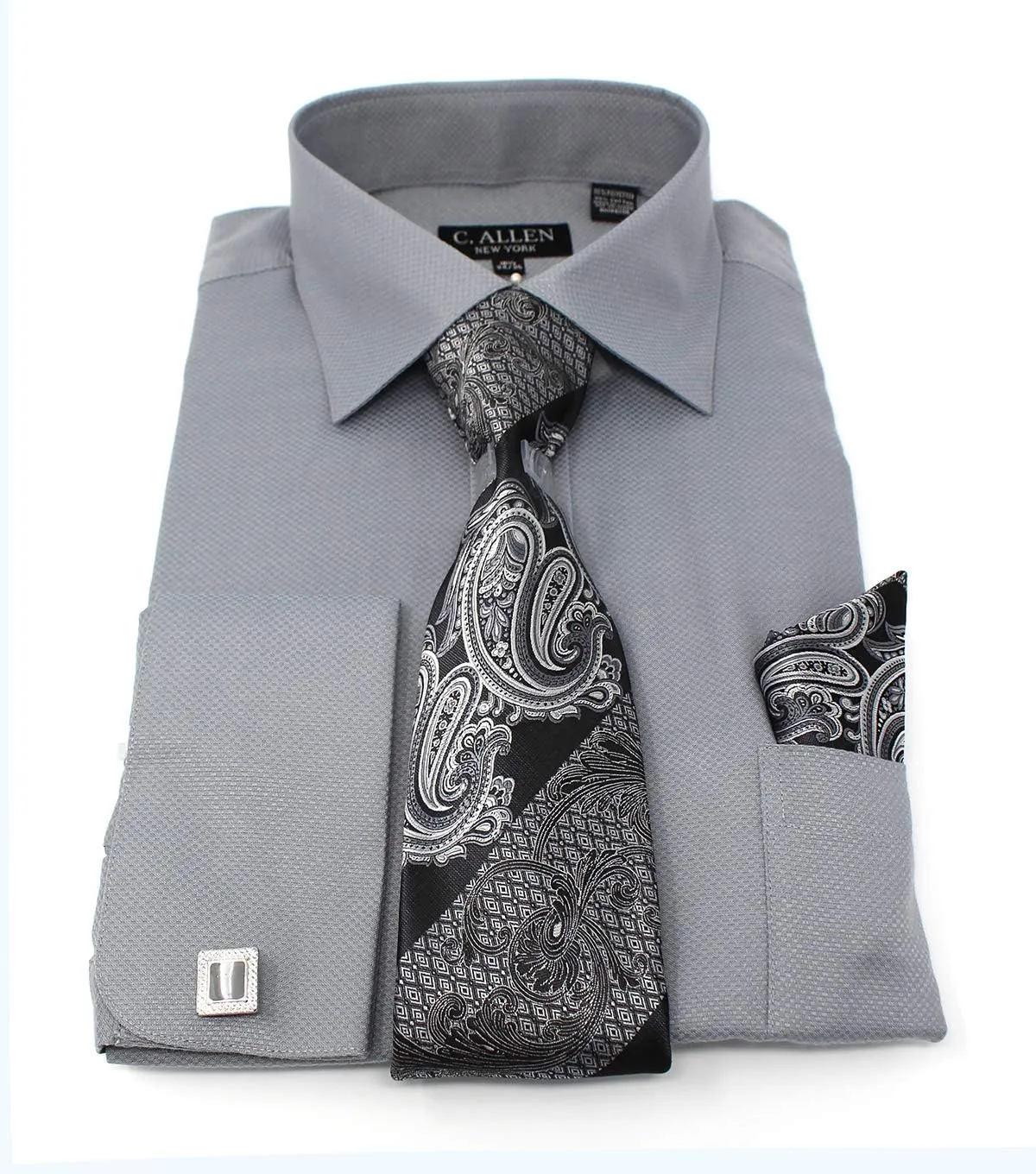 Men's Solid Square Pattern Regular Fit French Cuffs Dress Shirts with Tie Hanky Cufflinks Combo